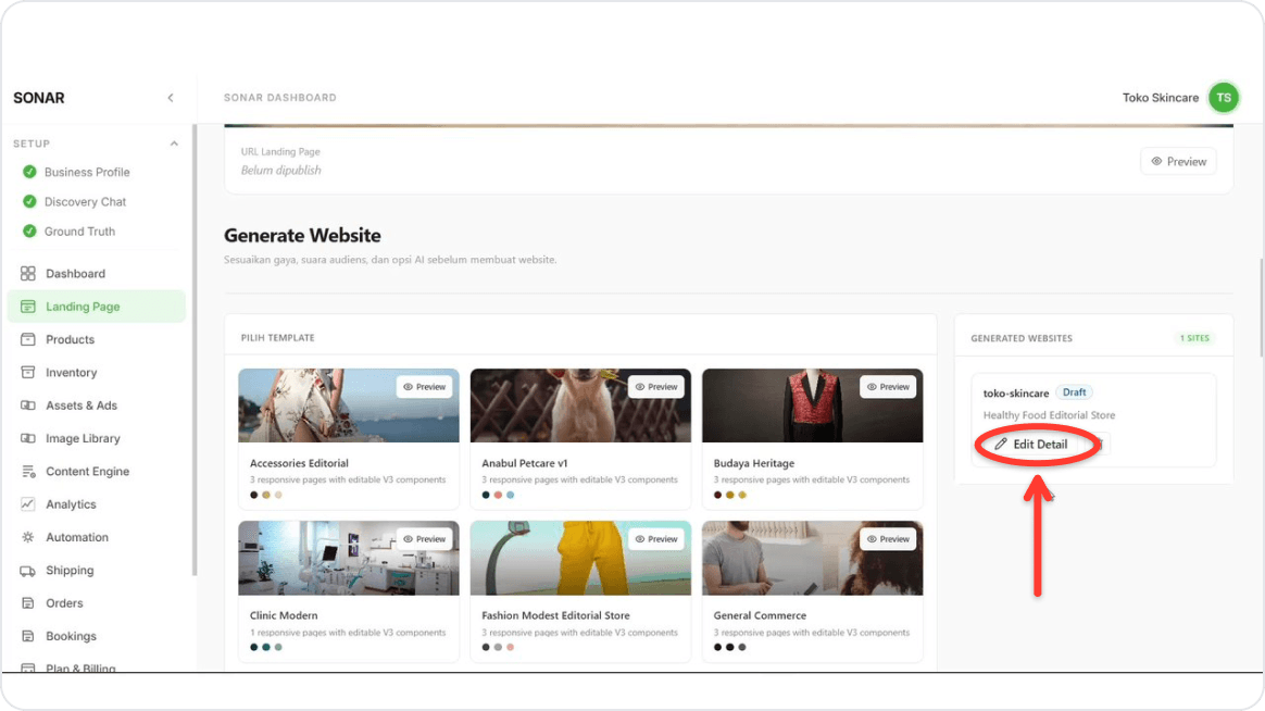 Open the landing page editor