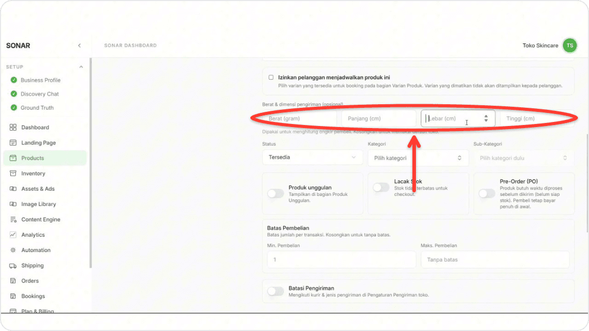 Fill in weight and package size