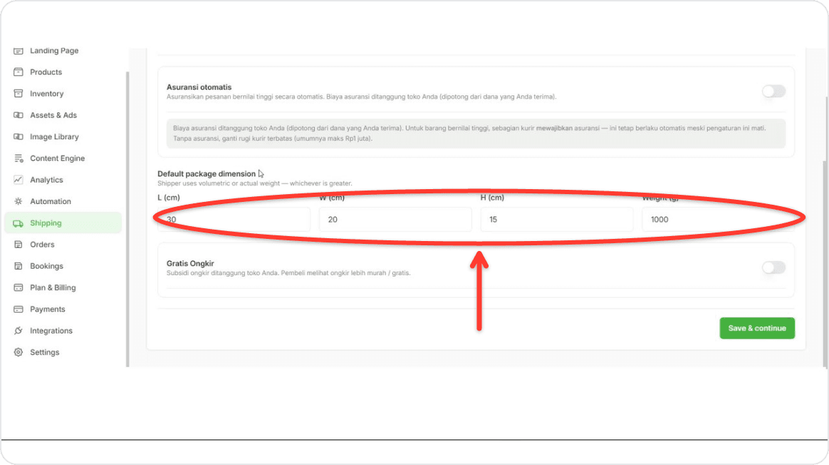 Fill in a default package size (optional)