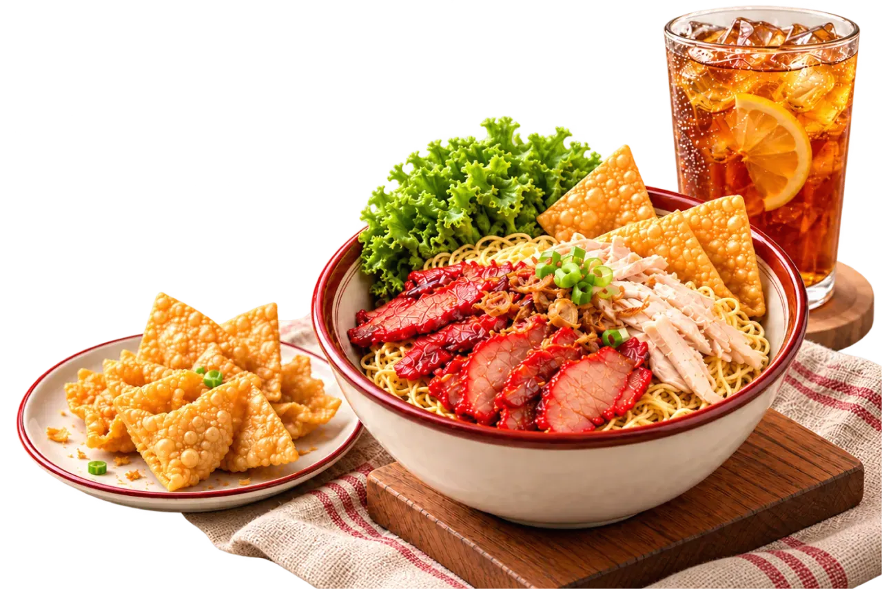 A bowl of noodles with fried dumplings and a lemon iced tea