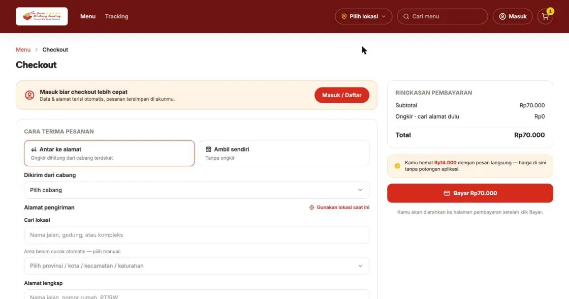 Bakmi Bintang Gading website checkout page